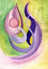 A soft, abstract watercolor painting with flowing lines and shapes. The composition consists of two main, intertwining organic forms reminiscent of petals, flames, or dancing figures. 