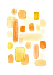 A minimalist abstract image consisting of numerous freely arranged shapes on a white background. The design is composed of rectangles and ovals with soft, rounded corners. The shapes vary in size.