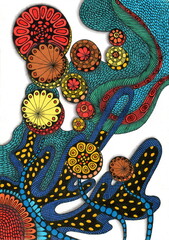 The illustration creates a sense of vibrant, pulsating life and is rich in tactile, complex patterns. The design is executed in a style similar to Zentangle or doodling, with a bright palette.