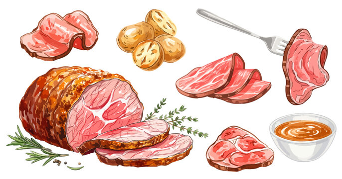 水彩のローストビーフと付け合わせのイラストセット,牛肉,メインディッシュ,パーティー料理,手描き,ベクター