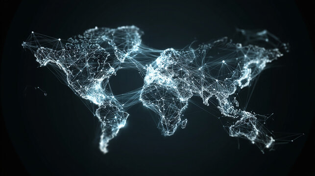Global interconnectedness visualized through a network of dots and lines. Represents the flow of data, information, and communication across the world