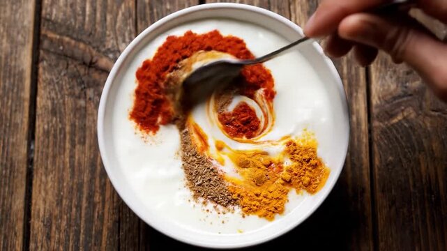 Hand mixing vibrant spices paprika turmeric cumin into creamy yogurt base for Indian cuisine