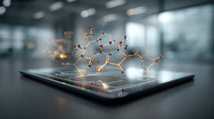A digital tablet displays a molecular structure, merging technology and science in a modern workspace.
