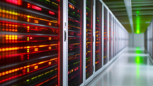 A detailed view of server racks illuminated by colorful lights inside a modern data center environment.