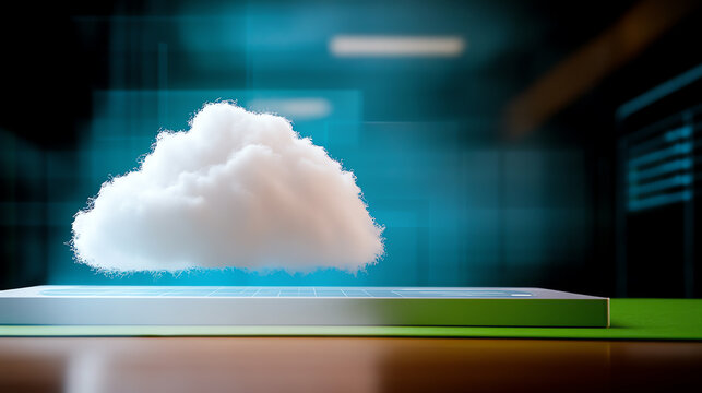 A digital cloud hovering above a device, symbolizing innovation and the future of technology and data storage solutions.