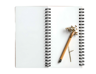An open spiral notebook with a pencil and dried flowers. Blank pages await