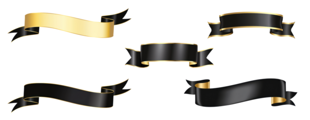 set of ribbon banners in black with golden edges isolated on white or transparent png