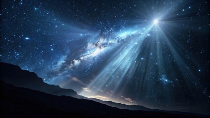 Stunning starry night sky over mountains, cosmic light beams