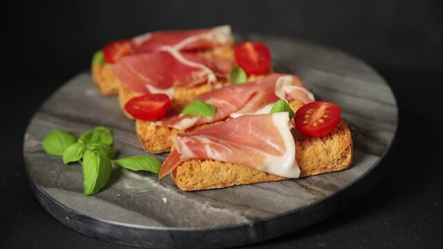 jamon bruschetta prosciutto appetizer portioned tapas dish natural tasty snack fresh gourmet food background on the table rustic top view copy space