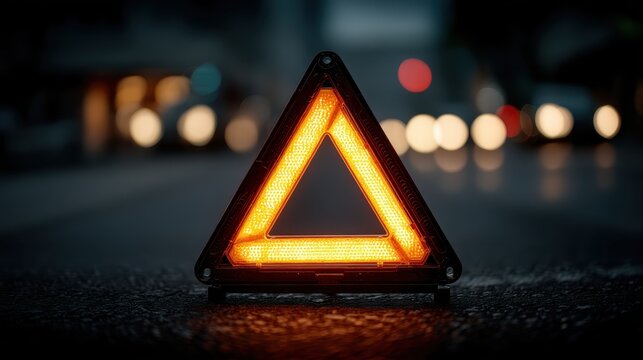 A triangular warning sign with an orange light stands on a dark road, surrounded by blurred lights, signaling caution in low visibility conditions.