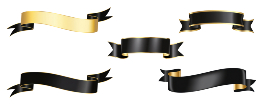 set of ribbon banners in black with golden edges isolated on white or transparent png