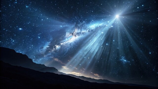 Stunning starry night sky over mountains, cosmic light beams