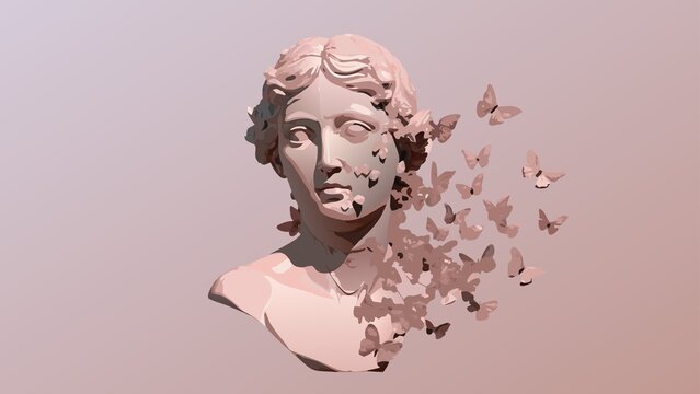 Classical sculpture bust dissolving into a swarm of butterflies against a soft gradient background