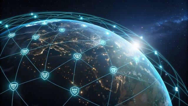 Global network connecting digital icons over illuminated Earth