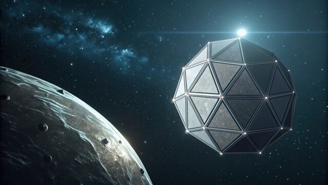 Futuristic space station orbits alien planet galaxy