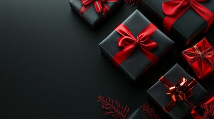 Luxurious black gift boxes with red ribbons and bows arranged on a dark background, creating a sophisticated and festive holiday scene