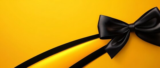 Elegant black satin bow tie positioned on the corner of a bright yellow background, creating a striking contrast and offering copy space