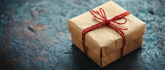 A brown craft paper gift box tied with red string on a textured blue background, perfect for holidays or special occasions