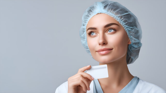 Thoughtful medical professional in surgical cap holds blank card, envisioning innovative healthcare solutions and patient care advancements