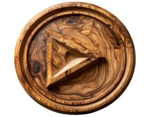Carved wooden circular emblem with a prominent play icon