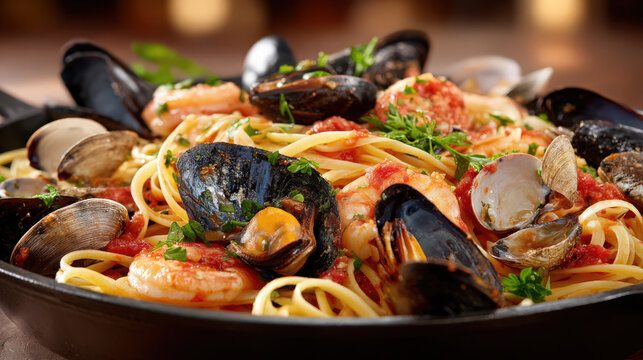 seafood linguine with mussels and shrimp in tomato sauce - Powered by Adobe