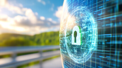 A digital lock symbolizing cybersecurity protection over data information on a blurred nature background.