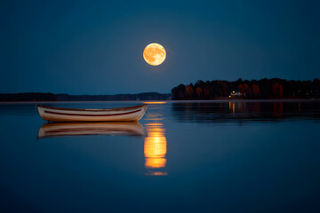 a boat is floating in the water with a full moon in the background