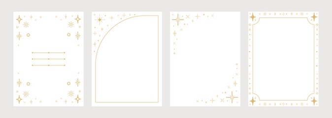 Minimalist style vertical card templates with golden star borders and decorative line elements, for invitations, greeting cards, thank you notes, packaging, social media, branding, prin.Vector © Ilonka eva