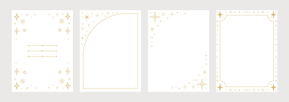 Minimalist style vertical card templates with golden star borders and decorative line elements, for invitations, greeting cards, thank you notes, packaging, social media, branding, prin.Vector