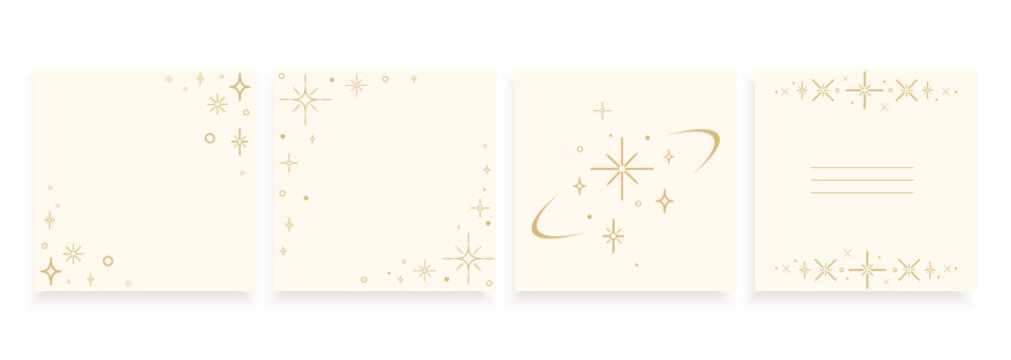 Boho square templates set with golden star and sparkle borders in minimalist style, for greeting cards, invitations, social media , thank you notes, packaging, branding, wedding.Vector illustration