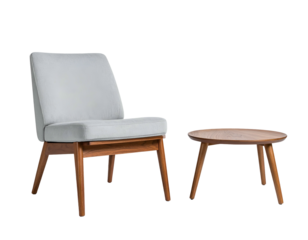 Cozy interior scene featuring a light gray upholstered chair and a round wooden side table