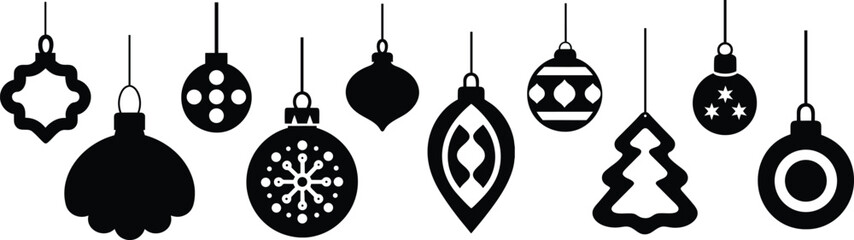Christmas hanging ornaments silhouette icon set