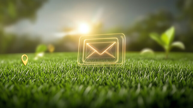 A digital mail icon displayed over lush green grass, symbolizing communication and nature's harmony in a tech-driven world.