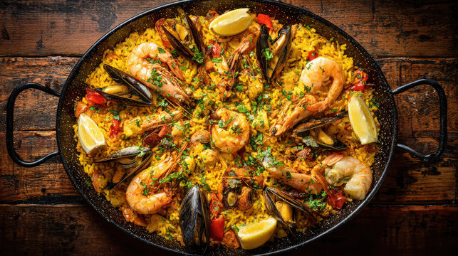 seafood paella with saffron rice in large pan flat lay