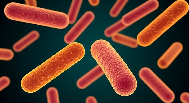 Close up microscopic view of rod shaped bacteria cells with vibrant red orange coloration against a dark background
