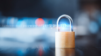 A digital padlock symbolizes cybersecurity, data protection, and privacy in a modern technological environment.