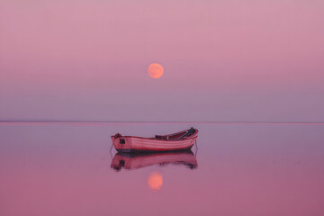 a boat floating on top of a lake under a pink sky