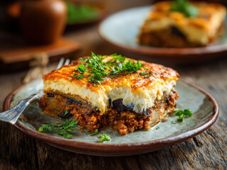 sliced greek moussaka on rustic table