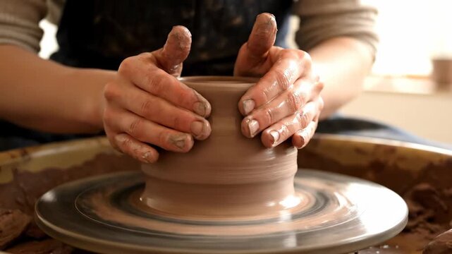 Craftsperson shapes clay on a spinning pottery wheel with both hands.