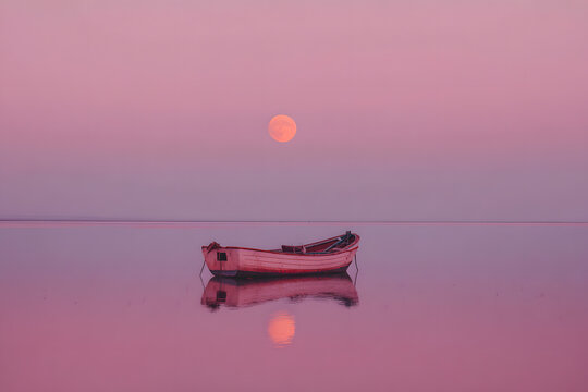a boat floating on top of a lake under a pink sky