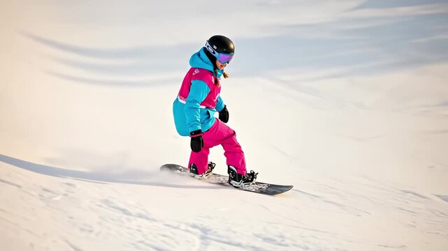 A Young Female Snowboarder in a Blue and Pink Outfit Practicing Skills on a Sloping Snowboard Halfpipe in a Wintry Setting