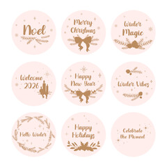 Badges with winter and Christmas greetings including Merry Christmas, Happy New Year, Welcome 2026 in elegant typography, for gift tags, labels, stickers, packaging, web, seasonal marketing. Vector