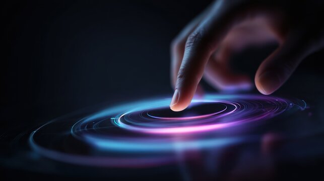 Digital Touch: A close-up view of a hand interacting with a digital interface, finger gently touching a glowing, ethereal surface. capturing the essence of innovation and technological advancement.