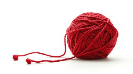 Red ball of yarn with loose strands on white for craft, sewing, or creative backgrounds
