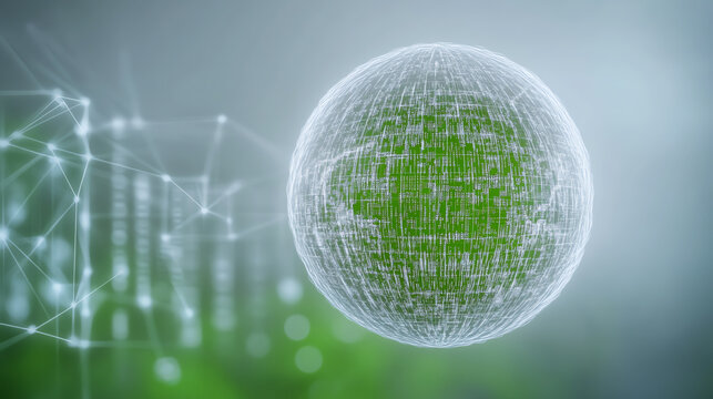 A digital rendering of a green globe representing technology and environmental sustainability, surrounded by a network design.