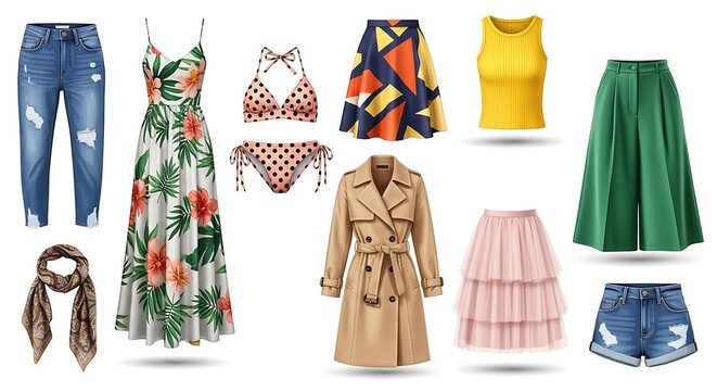 Stylish Women's Clothing Collection Featuring Versatile Fashion Pieces on a White Background