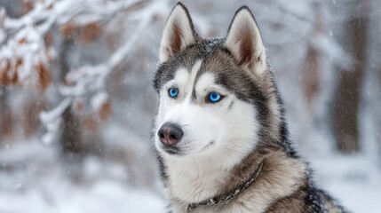 Naklejka premium Siberian Husky With Striking Blue Eyes Enjoying a Winter Day in Soft Snow