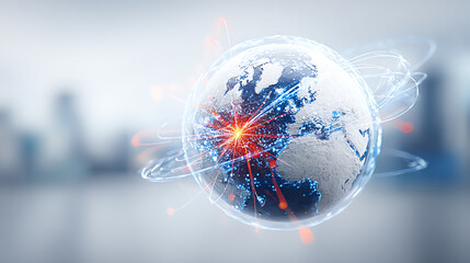 A digital representation of Earth highlighting global connectivity with glowing effects over the continents and abstract lines.