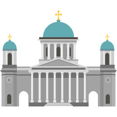 Grand gray building with teal dome and golden crosses on top featuring classical architecture and symmetrical design on a transparent background