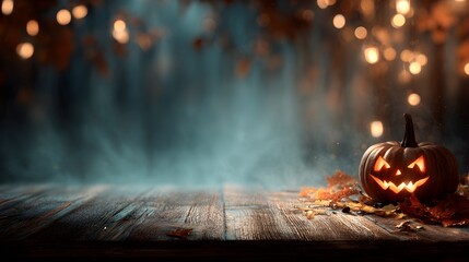 Spooky carved pumpkin glows with eerie light on rustic wooden table surrounded by autumn leaves and magical bokeh for Halloween celebrations